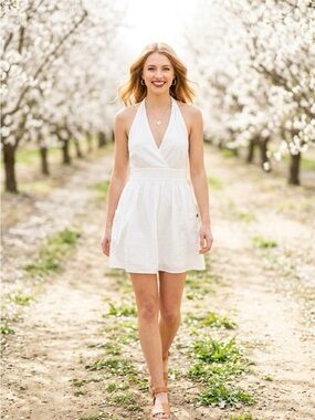 American Eagle Outfitters White Smocked Halter Dress | 100% Cotton | Size Large